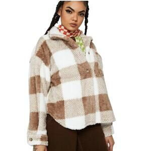 Le Lis Fuzzy Sweater Jacket L Buttoned Cozy Soft Warm Brown White Check Neutral